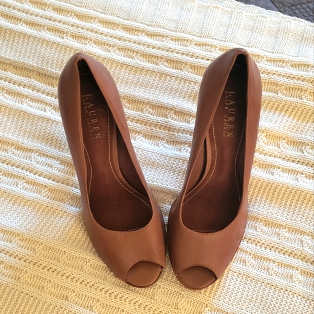 Brown leather peep toe high heels
